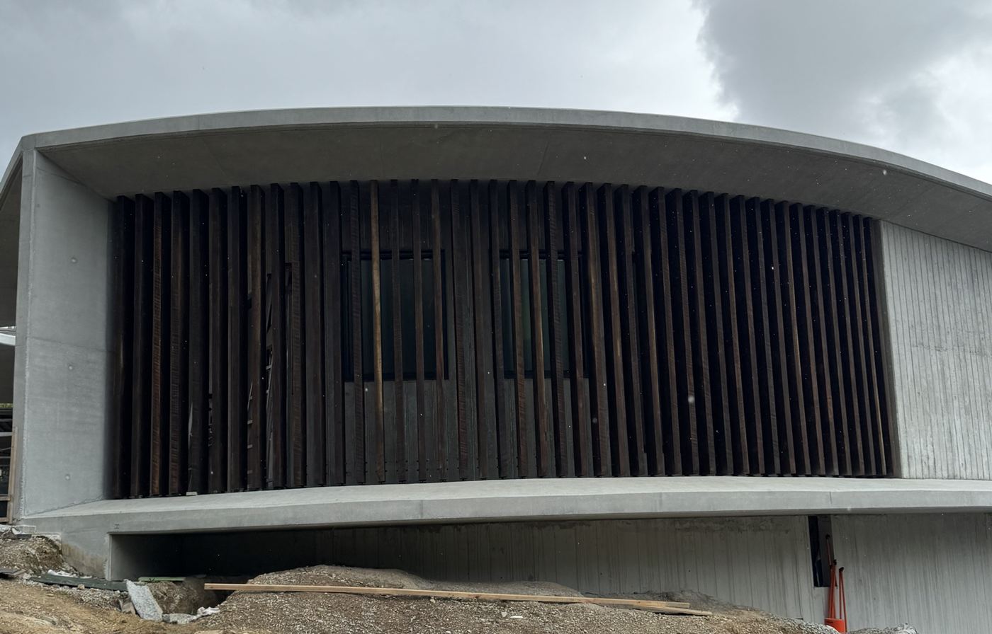 Hardwood batten screen across the front of a curved concrete home